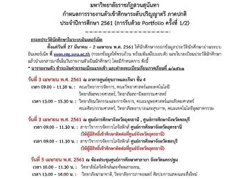 กำหนดการรายงานตัวเข้าศึกษาระดับปริญญาตรี
ภาคปกติ ประจำปีการศึกษา 2561
(การรับด้วย Portfolio ครั้งที่ 1/2)